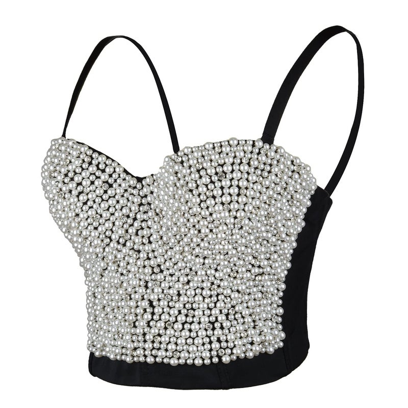 ELLACCI Sexy Pearls Beaded Rhinestone Bustier Crop Top Push up Corset Top with Detachable Straps Black Large - Image 1